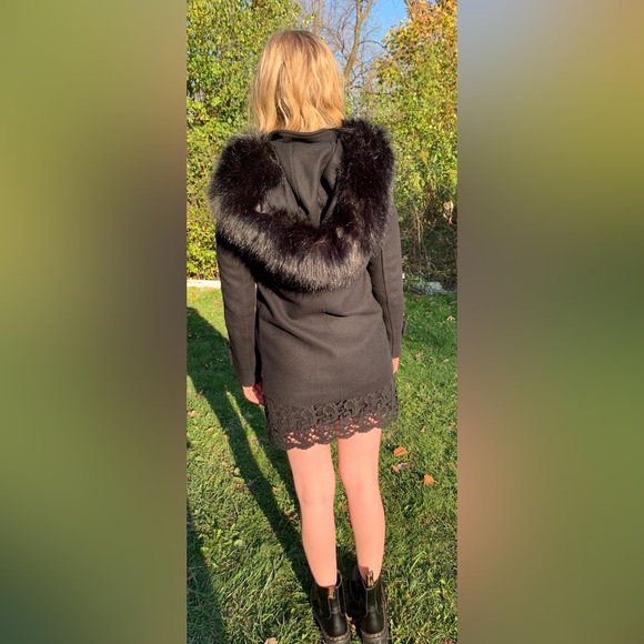 Zara Black 75% Wool Winter Jacket coat Hood with black fur metal Buckel pocket S - Picture 8 of 16